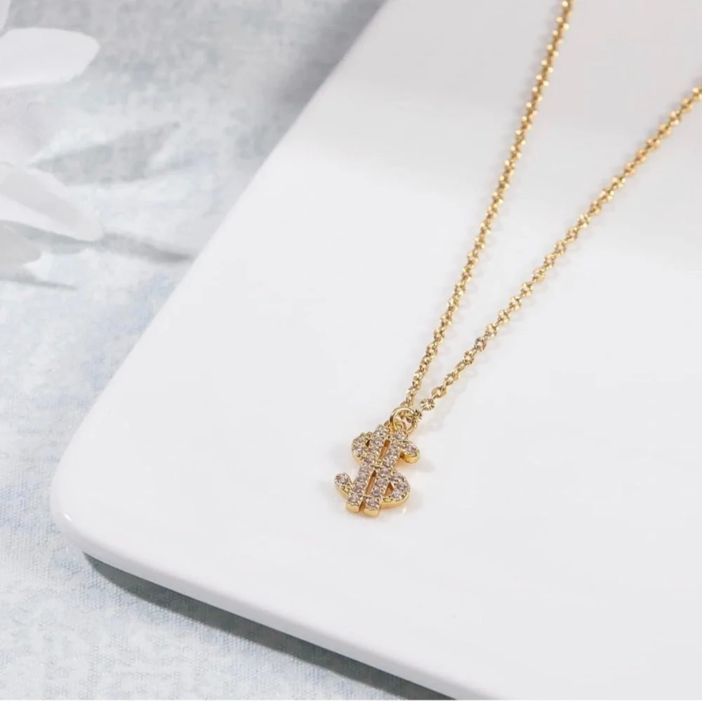 Cubic Zirconia Micro Pave + Gold Dollar Sign Fashion Necklace, 18 inches